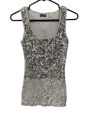 Scarlet Blvd Tank Top Medium Sequin Embellished Cotton Ribbed Sleeveless Gray